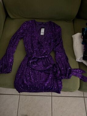 bebe Purple Sequin Long Sleeve Dress